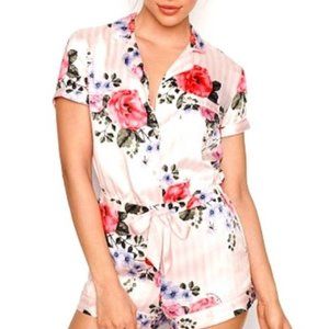 Floral Satin Button Front Short Sleeve Romper XS